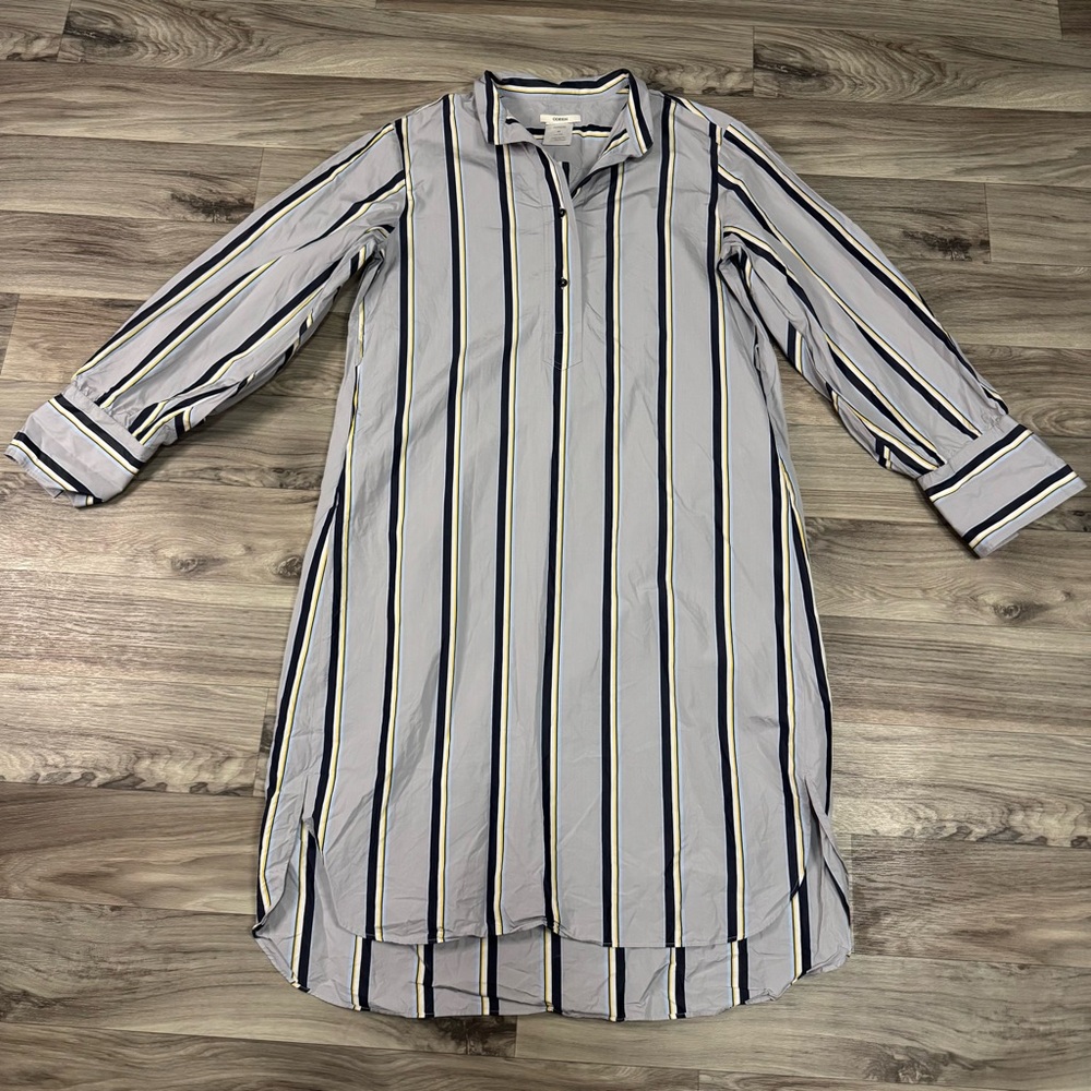 Odeeh Long Sleeve Midi Dress Blue Striped 100% Cotton Size 42 US XL